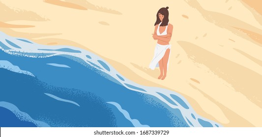 Bewildered woman standing in front of sea wave vector graphic illustration. Lonely pensive cartoon female looking at natural seascape stand on sand top view. Fear of starting concept