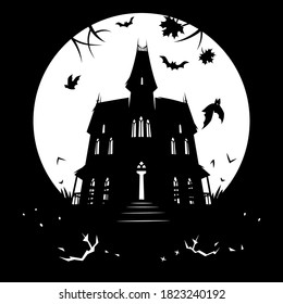 Bewitched house silhouette against the moon, Halloween vector illustration