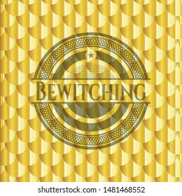 Bewitching golden emblem or badge. Scales pattern. Vector Illustration. Detailed.