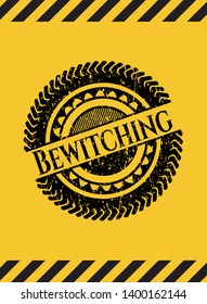 Bewitching grunge black emblem with yellow background, warning sign. Vector Illustration. Detailed.