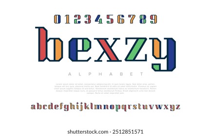 Bexzy creative modern geometric urban alphabet font. Digital abstract futuristic, game, techno, robot, music, logo, sport, minimal technology typography. Simple numeric vector illustration