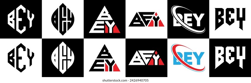 Diseño de logotipo de letra BEY en seis estilos. POLÍGONO BEY, círculo, triángulo, hexágono, estilo plano y simple con el logotipo de la letra de la variación del color blanco y negro establecido en una mesa de trabajo. Logo BEY minimalista y clásico