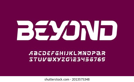 Beyond alphabet font. Dynamic letters and numbers for logo or emblem. Stock vector typeface for your typography design.