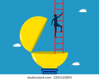 beyond the limits of learning. Businessman climbing the stairs from the light bulb 