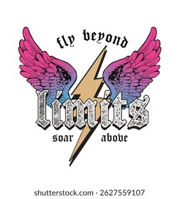 beyond limits silver glitter slogan on gradient wings and thunder bolt graphic vector illustration