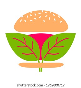 Beyond meat vector icon. Plant based hamburger. Green leaves instead of meat cutlet. Vegan product made from plants.