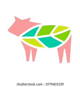 Beyond Meat Vector Icon. Plant Based Food. Leaf Instead Of Steak. Vegan Meat Made From Plants. Butchering A Cow In The Form Of A Green Leaf.