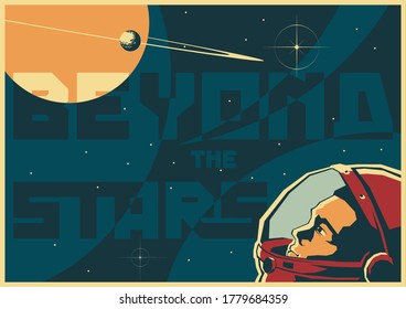 Más allá del estilo de afiche espacial retro de las estrellas, astronauta, espacio exterior 