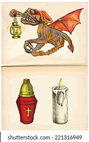 Beyonder and Candles - An hand drawn and painting halloween illustrations. Description: Each drawing comprise of two (or three) layers of lines plus colored layer, the background is also isolated.