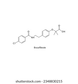 Bezafibrate flat skeletal molecular structure Fibrate drug used in hyperlipidemia treatment. Vector illustration.