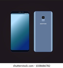 Bezel less blue smartphone. Vector cell phone isolated Front and Back View.