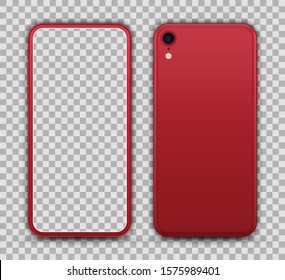 Bezeless Smartphone with Transparent Screen Isolated. Red Color. Realistic Front and Back View. High Detailed Device Mockup Separate Groups and Layers. Editable Vector.