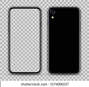 Bezeless Smartphone with Transparent Screen Isolated. Black Color. Realistic Front and Back View. High Detailed Device Mockup Separate Groups and Layers. Editable Vector.