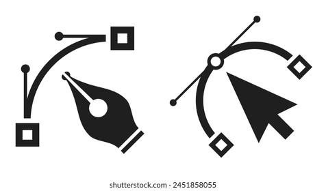 Bezier curve line and anchor points, vector graphics web icons on white background