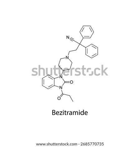 Bezitramide molecular structure, potent synthetic opioid analgesic historically used for severe pain treatment, clean scientific vector diagram, flat skeletal chemical formula isolated 
