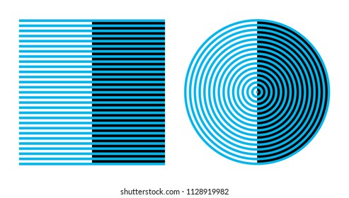 Bezold effect on square and circle optical illusion. Color combined with white appears lighter and darker, combined with black. Bezold assimilation or spreading effect. Illustration over white. Vector