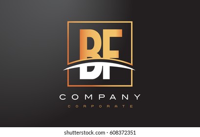 BF B F Golden Letter Logo Design with Swoosh and Rectangle Square Box Vector Design.