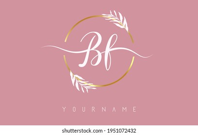 BF b f Letters logo design with golden circle and white leaves on branches around. Vector Illustration with B and F letters for personal branding, business, eco friendly or natural products. 