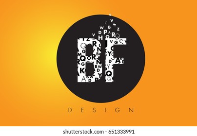 BF B F Logo Design Made of Small Letters with Black Circle and Yellow Background.