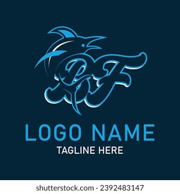 BF shark logo design vector. Cartoon shark mascot on navy background. 
Shark esport mascot logo design. Editable letter shark logo design for company