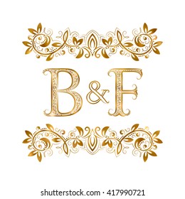 B&F vintage initials logo symbol. Letters B, F, ampersand surrounded floral ornament. Wedding or business partners initials monogram in royal style.