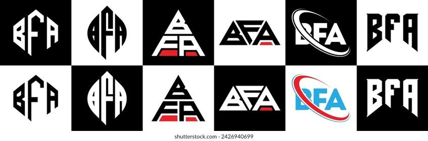 BFA-Buchstaben-Logo-Design in sechs Stilen. BFA-Polygon, Kreis, Dreieck, Sechseck, flacher und einfacher Stil mit schwarz-weißem Farbvariationsbuchstaben-Logo in einer Zeichenfläche. BFA minimalistisches und klassisches Logo