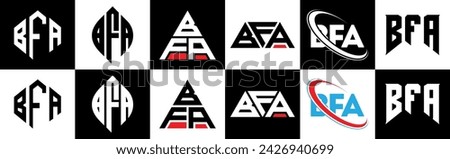 BFA letter logo design in six style. BFA polygon, circle, triangle, hexagon, flat and simple style with black and white color variation letter logo set in one artboard. BFA minimalist and classic logo
