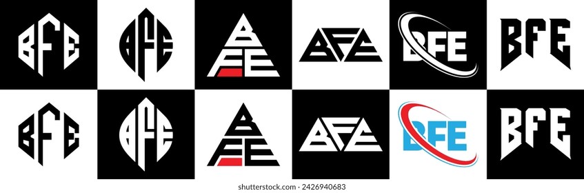 BFE letter logo design in six style. BFE polygon, circle, triangle, hexagon, flat and simple style with black and white color variation letter logo set in one artboard. BFE minimalist and classic logo