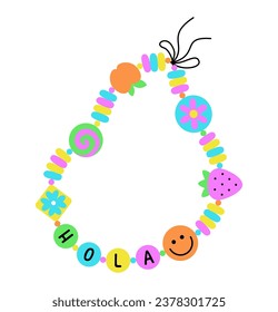 BFF colorful 90s pop art style vintage bracelet. Best friends forever beaded accessory with Hello word in Spanish. EPS 10 vector retro design nostalgic illustration