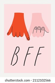 BFF friends hand gesture. Stylish Valentine's day greeting card, poster concept in pink and red colors. Fun and cool design. Hand drawn doodle cartoon style.