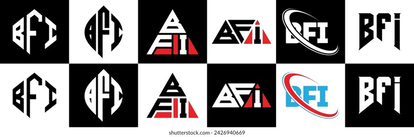 BFI-Buchstaben-Logo-Design in sechs Stilen. BFI-Polygon, Kreis, Dreieck, Sechseck, flacher und einfacher Stil mit schwarz-weißem Farbvariationsbuchstaben-Logo in einer Zeichenfläche. BFI minimalistisches und klassisches Logo