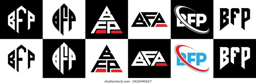 BFP letter logo design in six style. BFP polygon, circle, triangle, hexagon, flat and simple style with black and white color variation letter logo set in one artboard. BFP minimalist and classic logo