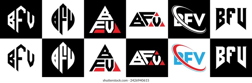 BFV-Brieflogo-Design in sechs Stilen. BFV-Polygon, Kreis, Dreieck, Sechseck, flacher und einfacher Stil mit schwarz-weißem Farbvarianten-Buchstaben-Logo in einer Zeichenfläche gesetzt. BFV minimalistisches und klassisches Logo