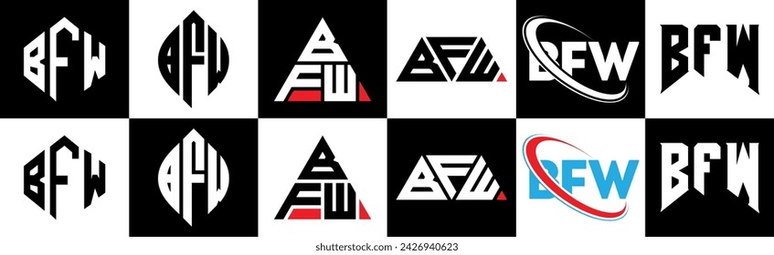 BFW letter logo design in six style. BFW polygon, circle, triangle, hexagon, flat and simple style with black and white color variation letter logo set in one artboard. BFW minimalist and classic logo