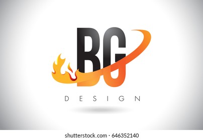 BG B G Letter Logo Design with Fire Flames and Orange Swoosh Vector Illustration.