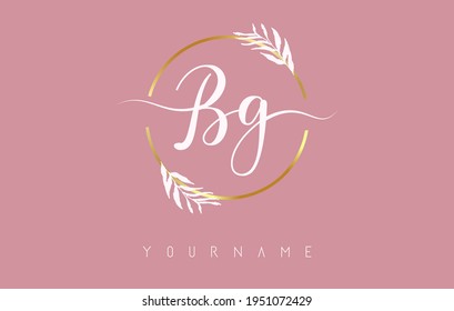 BG b g Letters logo design with golden circle and white leaves on branches around. Vector Illustration with B and G letters for personal branding, business, eco friendly or natural products. 