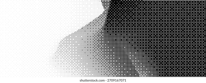 Pixel de tramado grande con bit 8 y patrón de mapa de bits para fondo de juego de gradiente. Arenilla rectangular negra y arte de la televisión con semitono lineal e ilustración de punto de mezcla. Cuadrado de semitono y grunge de Vector con
