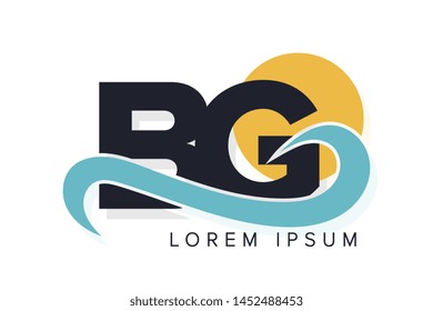 BG letter logo with ocean waves and sunset. Beach concept design