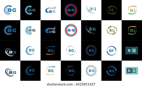 BG diseño minimalista y clásico del conjunto del logotipo. Estilo plano y simple de BG con logotipo de carta de variación en blanco y negro en una mesa de trabajo.