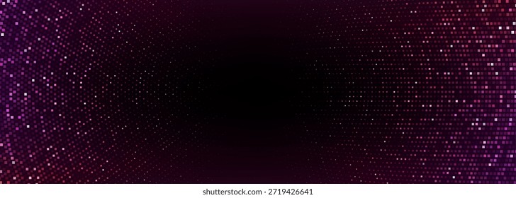 Bolsa con patrón de píxeles - mosaico degradado rosa y púrpura para diseño digital. Fondo oscuro con bordes brillantes y cuadrados dispersos. Abstractas telón de fondo texturizado para la tecnología o interfaces de juego.