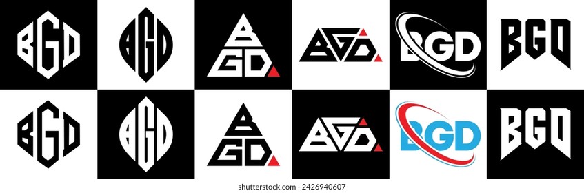 BGD letter logo design in six style. BGD polygon, circle, triangle, hexagon, flat and simple style with black and white color variation letter logo set in one artboard. BGD minimalist and classic logo