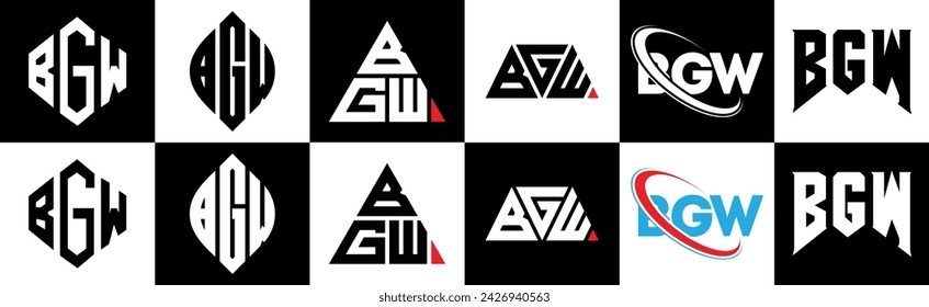 BGW letter logo design in six style. BGW polygon, circle, triangle, hexagon, flat and simple style with black and white color variation letter logo set in one artboard. BGW minimalist and classic logo