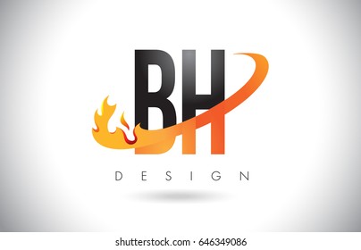 BH B H Letter Logo Design with Fire Flames and Orange Swoosh Vector Illustration.