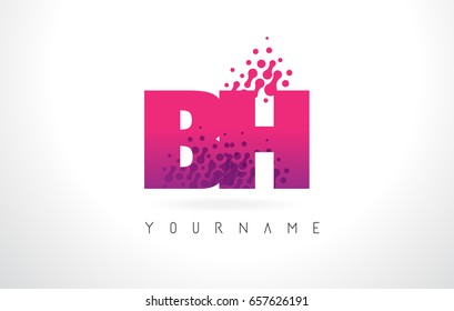 BH B H Letter Logo with Pink Letters and Purple Color Particles Dots Design.