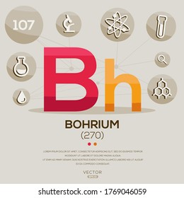 Bh (Bohrium)El elemento de tabla periódica, letras e iconos,Ilustración vectorial.