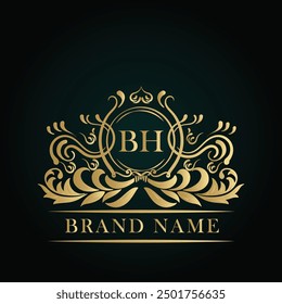 BH golden letter logo. BH logo initial Luxury ornament emblem. Golden template for cafe, bars, boutiques, invitations. Logo for business. Vintage elements. 