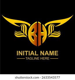 BH Golden Wing Emblem Logo with elegant gold wings, sleek and modern design. Ideal for branding, creative projects, luxury businesses, or artistic ventures.