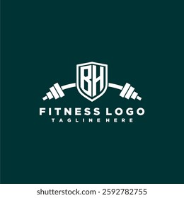 BH initial monogram for fitnes or gym logo with creative shield and barbell design