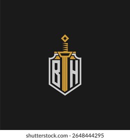 BH monograma inicial para imagem em estilo escudo e espada