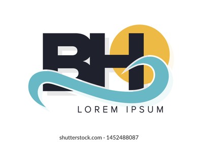 BH letter logo with ocean waves and sunset. Beach concept design